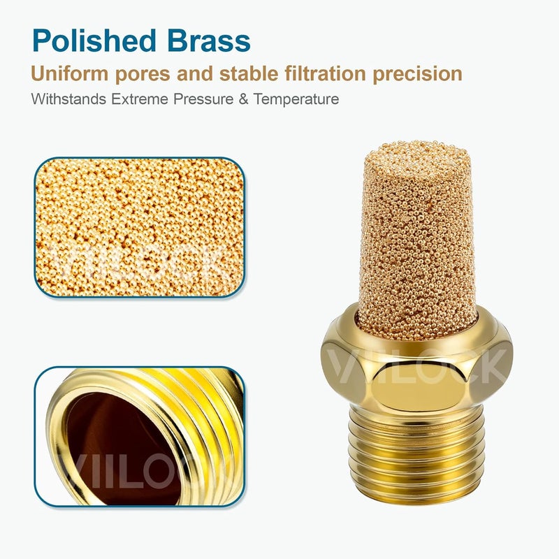 VIILOCK Brass Pneumatic Mufflers, 1/8" NPT Male Thread Hex Sintered Exhaust Muffler Silencer Air Fitting (Pack of 5, N1) - Image 3